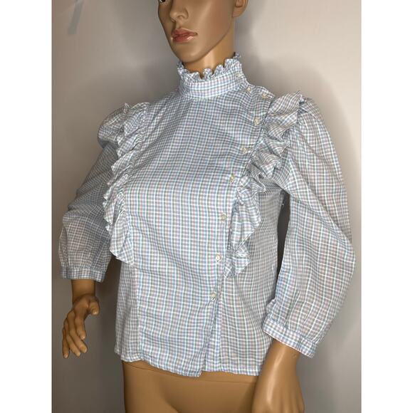 Vintage 1980s Stuart Lang Ruffle blue white Plaid High Neck Prairie Blouse small - Picture 3 of 16